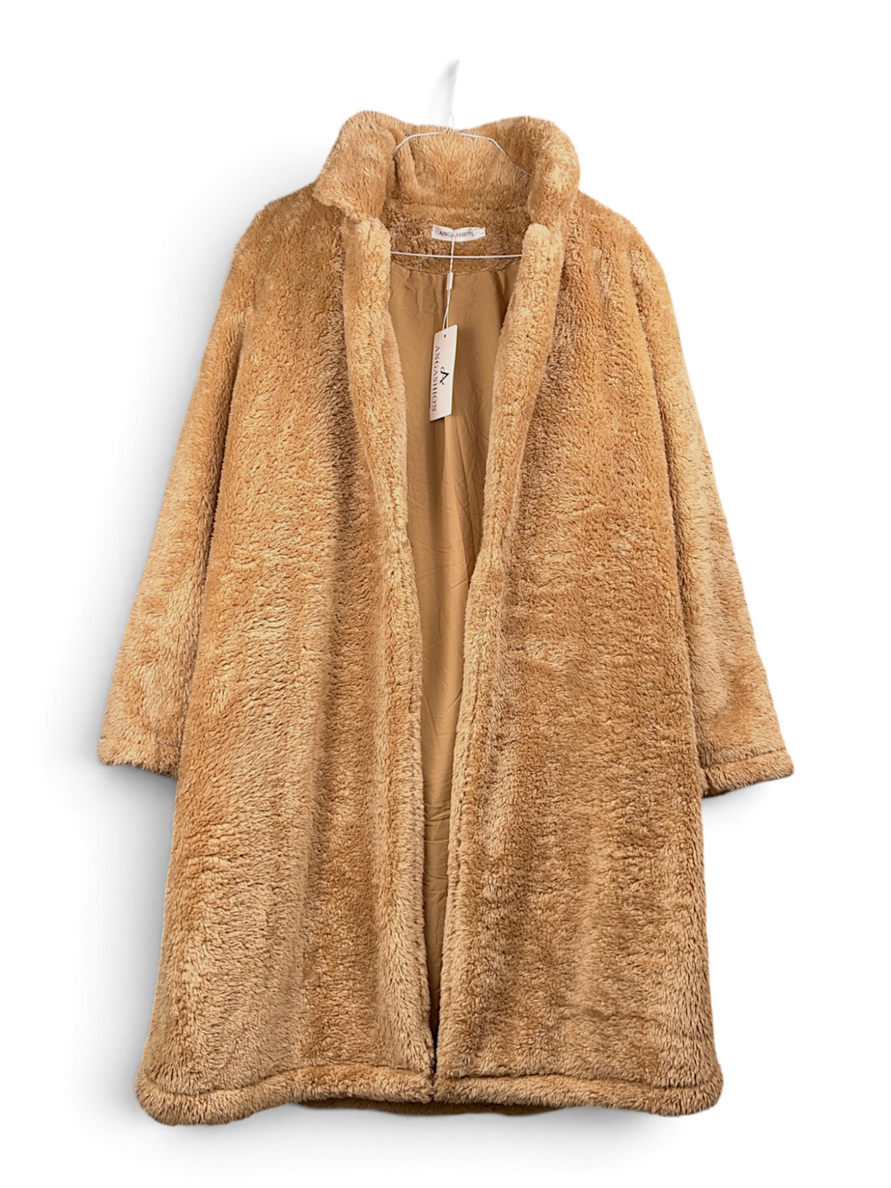 ANGASHION Women’s Large Dark Camel Teddy Faux Fur Long Coat